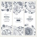 Italian food vertical banner set. Spagetti and ravioli. Engraved style illustration. Hero image. Vector illustration