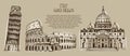 Vector illustration of Italy landmarks, hand drawn Coliseum, Tower of Pisa, St. Peter`s Basilica