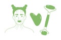 Vector illustration of jade face roller, gua sha scraper and woman portrait with massage lines