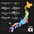 Vector illustration of Japanese flag and prefectures map colored by regions. Largest city skylines Royalty Free Stock Photo