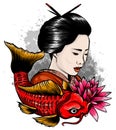 Vector illustration of Japanese geisha feeding sacred Koi carps at autumn time.