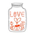 Vector illustration with jar, hearts and lettering words - love. Cute and romantic background with text. Royalty Free Stock Photo