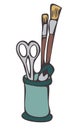 Vector illustration of jar with scissors and brushes. Royalty Free Stock Photo
