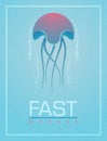 Vector illustration of jellyfish floats on the water surface in deep sea. Poster template of Meduse in retro style Royalty Free Stock Photo