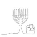 Vector illustration. The Jewish holiday of Hanukkah. The candlestick. Bread. Drawing with one line