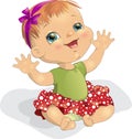 Vector illustration joyful cute baby in a red dress with a bow on his head