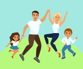 Vector illustration of Joyful family jumping. Happy and smiling dad mom daughter and son holding hands jumped in cartoon Royalty Free Stock Photo