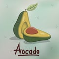 Vector illustration juicy realistic avocado fruit cut in half with a brown bone, leaf and shadow, the inscription avocado on a Royalty Free Stock Photo