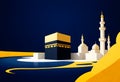 a vector illustration of a kaaba with a blue background and a mosque in the corner