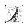 Vector illustration of a kangaroo with a baby in a pouch. Hand-drawn sketch in a frame with a marsupial Australian animal