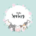 Vector illustration kawaii cute cat cartoon doodle background with text - Hello Spring Royalty Free Stock Photo