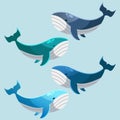 Vector illustration of kawaii cute whale characters. set of characters. Emoticon, mascot, cartoon character of whale, isolated on Royalty Free Stock Photo