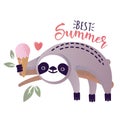 Vector illustration of a kawaii sloth with ice-cream