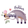 Vector illustration of a kawaii sloth with ice-cream Royalty Free Stock Photo