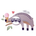 Vector illustration of a kawaii sloth with ice-cream