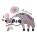 Vector illustration of a kawaii sloth with ice-cream Royalty Free Stock Photo