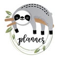 Vector illustration of a kawaii sloth for planners.