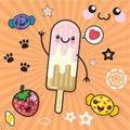 Vector illustration kawaii style ice cream popsicles, candy, sweets on a light pink background Royalty Free Stock Photo