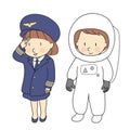 Vector illustration of kid professions, airline pilot & astronaut. What I want to be when grow up. Children occupations costume