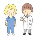 Vector illustration of kid professions, doctor and nurse. What I want to be when grow up. Children occupations costume. Childhood