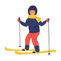 Vector Illustration Of Kid Skiing girl skiing flat character. cartoon winter sport