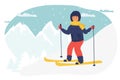 Vector Illustration Of Kid Skiing girl skiing flat character. cartoon winter sport, Winter Sport Activities Vector Illustration.