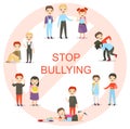 Vector illustration of kids bullying set. Collection of aggressive school children conflicts in flat style. Feminism