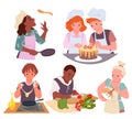 A vector illustration of a kids cooking set. Cartoon-style cute and funny boys and girls dressed in chefs aprons and Royalty Free Stock Photo