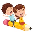 Vector Illustration Of Kids Flying With Pencil