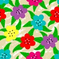 Kids hand drawn flowers and leaves on textured sand colored background seamless repeat pattern Royalty Free Stock Photo