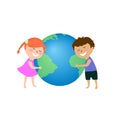 Vector illustration kids hugging planet earth, vector illustration cartoon design Royalty Free Stock Photo