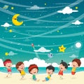 Vector Illustration Of Kids Playing At Beach Royalty Free Stock Photo