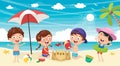 Vector Illustration Of Kids Playing At Beach Royalty Free Stock Photo