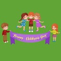 Vector illustration kids playing, greeting card happy childrens day background Royalty Free Stock Photo