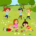 Vector illustration of kids playing outside on green grass with flowers, trees. Happy children playing on the yard with Royalty Free Stock Photo