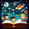 Vector illustration of kids reading a book with planets and stars in the background generative AI
