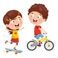 Vector Illustration Of Kids Skateboarding And Cycling Royalty Free Stock Photo