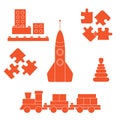 Vector illustration kids toys objects: train, puzzle, rocket, pyramid, blocks. Royalty Free Stock Photo