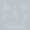 Vector illustration kids toys objects: train, puzzle, rocket, pyramid, blocks. Royalty Free Stock Photo