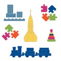 Vector illustration kids toys objects: train, puzzle, rocket, pyramid, blocks. Royalty Free Stock Photo