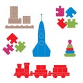 Vector illustration kids toys objects: train, puzzle, rocket, pyramid, blocks. Royalty Free Stock Photo