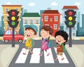 Vector Illustration Of Kids Walking Across Crosswalk