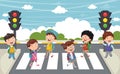 Vector Illustration Of Kids Walking Across Crosswalk