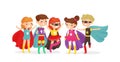 Vector illustration of kids wearing colorful superhero costumes. Superhero kids have fun together, children friends on
