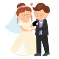 Vector illustration with kissing bride and groom. Cute just married couple.