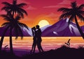 Vector illustration of kissing couple silhouette on the beach under the palm tree on sunset background and mountains in Royalty Free Stock Photo