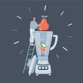 Vector illustration of Kitchen concept on dark background. Tiny man with big fruit and giant blender on dark background.