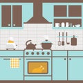 Vector illustration of kitchen with furniture. Kitchen utensils