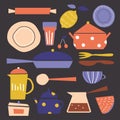 Vector illustration - kitchen utensils, dishes, fruits, pots, pans, cups, glasses, mugs