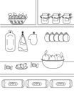 Vector illustration with kitchen utensils and food, sweets, cups, apples. Cute children`s coloring book with an ornament